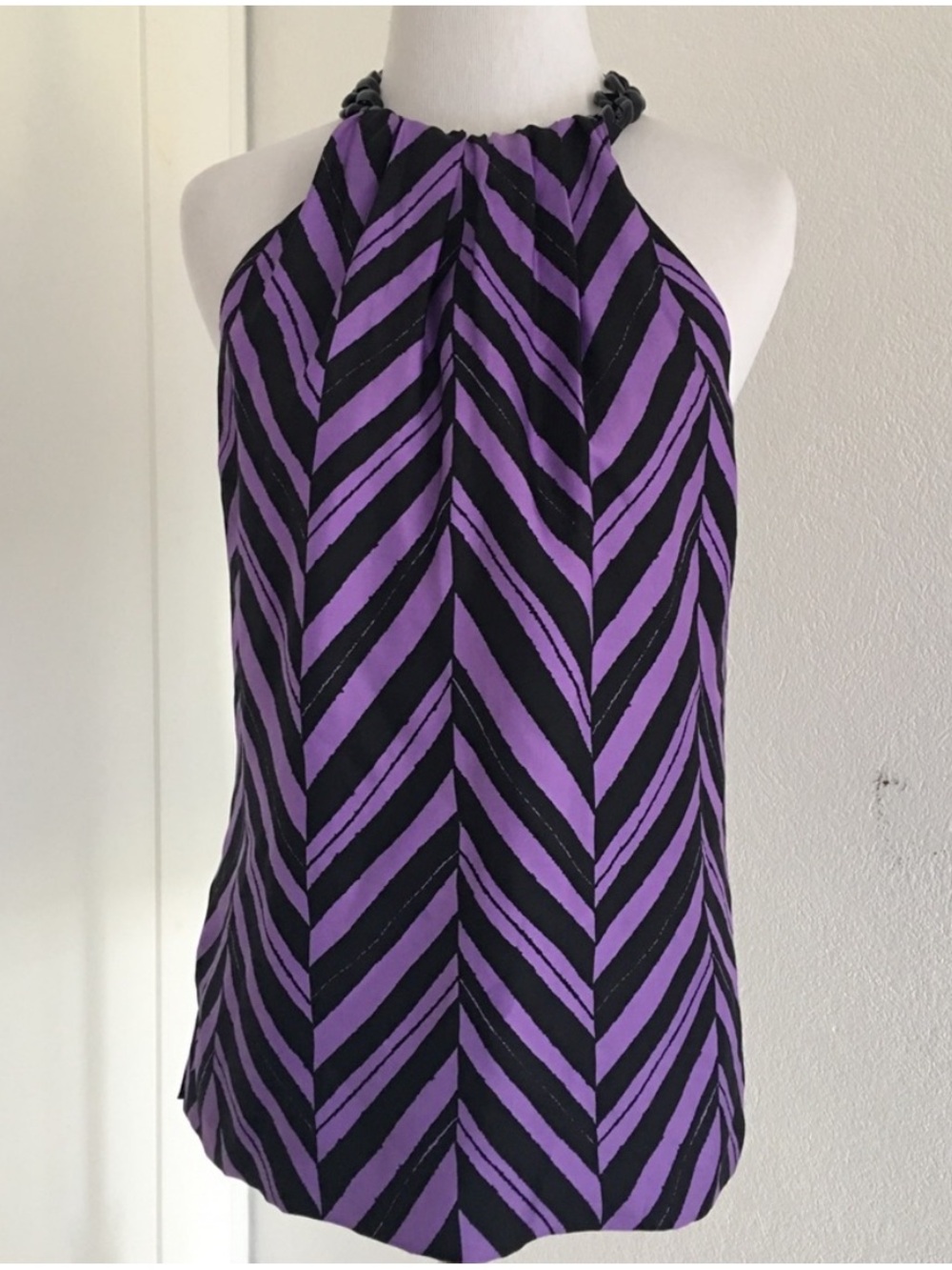 Milly of New York purple black chevron stripe silk chain halter top Made in USA